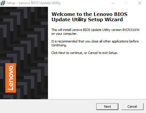 American Megatrends BIOS Update Lenovo BIOS Update Utility Wizard Opening Screen