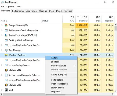 Task Manager Restart Windows Explorer Process
