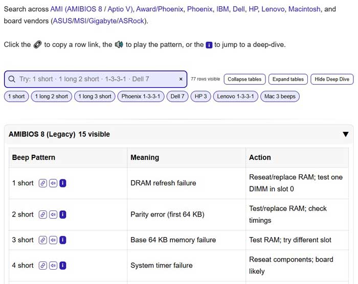 BIOS POST Beep Codes Multi-Table Search