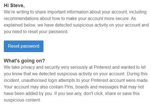 Suspicious Activity Alert I Received From Pinterest A Few Years Ago