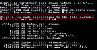 CHKDSK Results With Bad Clusters Identified