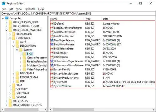 Registry Editor Additional BIOS Details