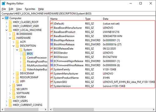 Registry Editor Additional BIOS Details