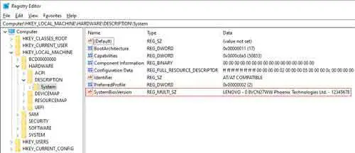 Registry Editor BIOS Details