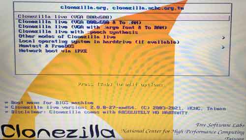 Clonezilla Greeting Screen