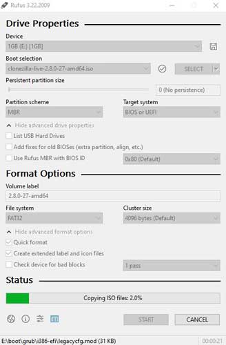 Rufus USB Bootable Drive With the Clonezilla ISO