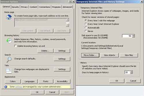 Temporary Internet Files And History Settings