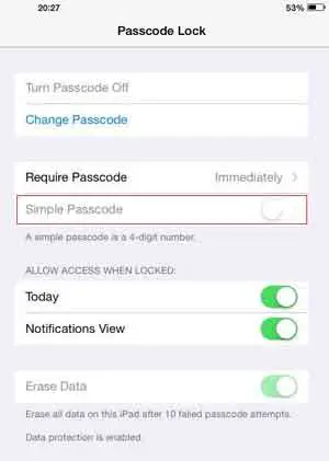 iOS Simple Passcode Disabled