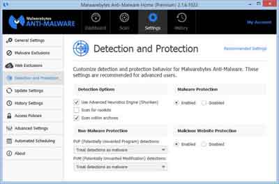 Settings > Detection and Protection