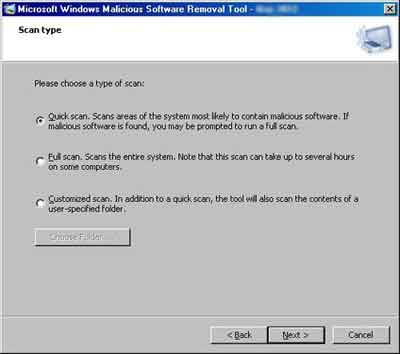 Microsoft Malicious Removal Tool Scan Options