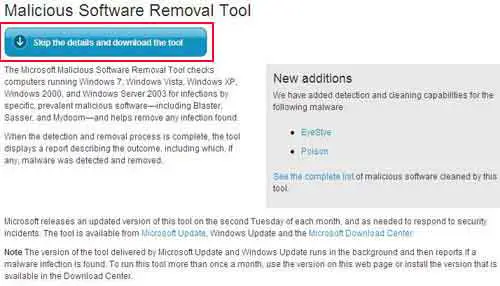 Microsoft Malicious Removal Tool Web Page