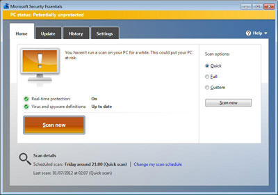 Microsoft Security Essentials Unprotected Screen