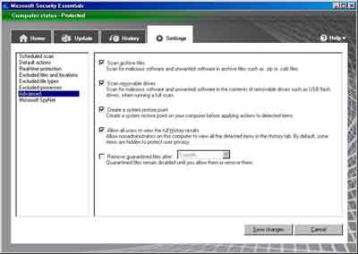 Microsoft Virus Protection Settings Advanced