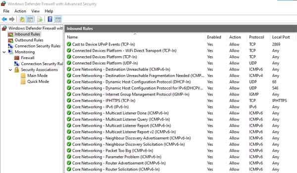 The Windows Defender Firewall Inbound Rules