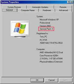 System Properties Showing Service Pack 3 Installed
