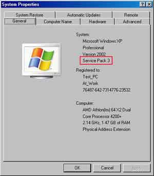 System Properties Showing Service Pack 3 Installed